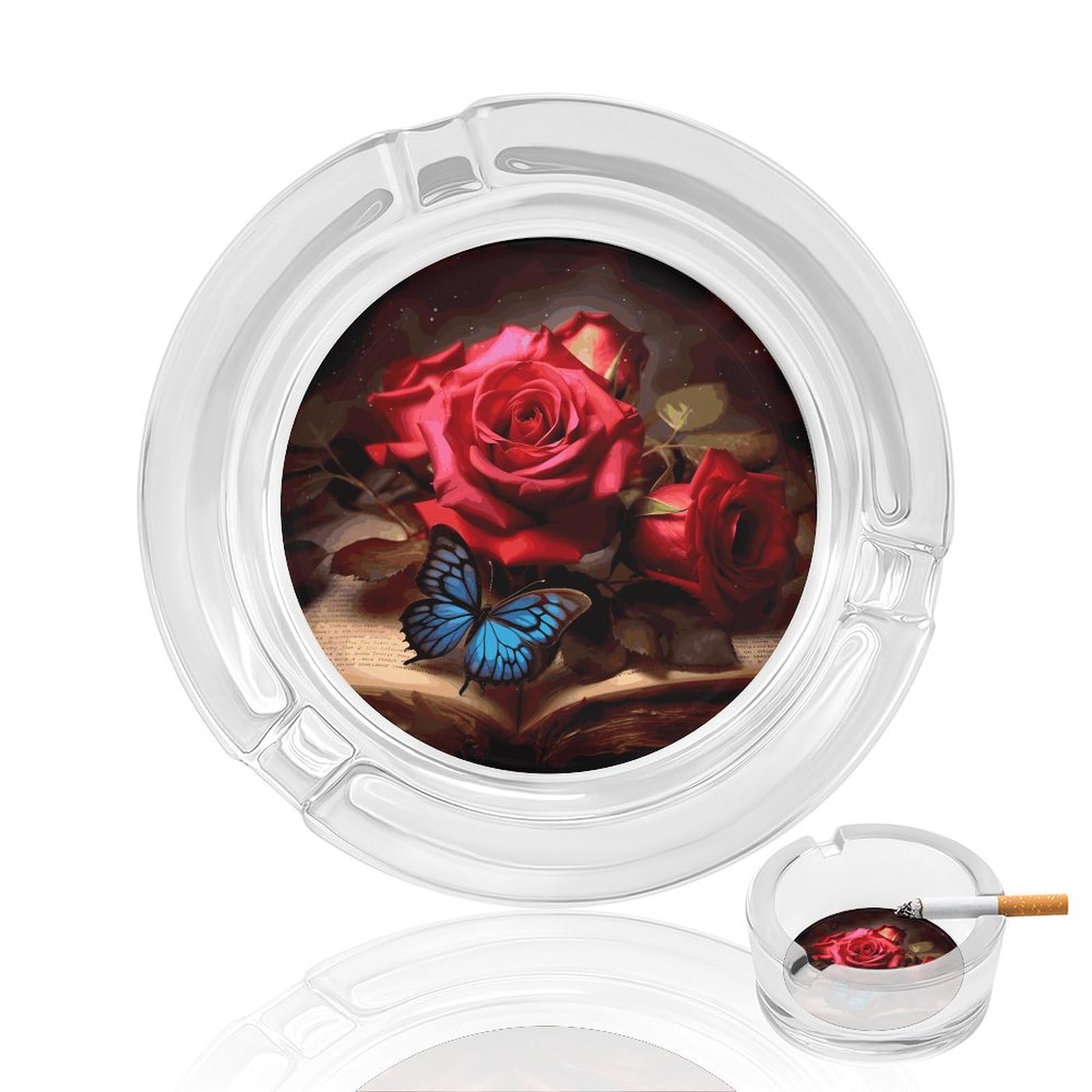 Cendrier de bureau intérieur et extérieur en verre décor fleur de rose