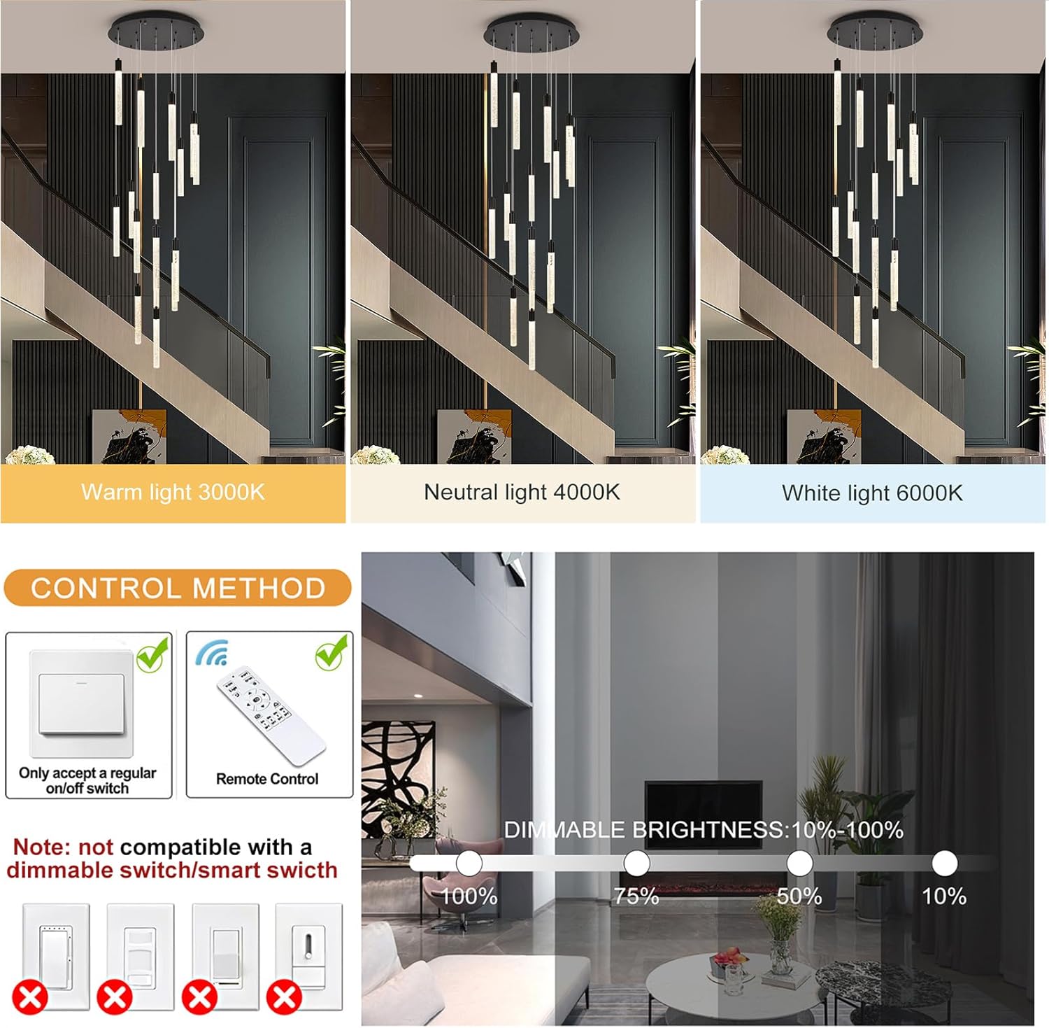 GEADI Modern LED High Ceiling Chandelier with Remote Control,16 Lights Crystal Foyer Chandeliers for High Ceilings,Black Dimmable Long Pendant Light for Staircase Entryway Living Room