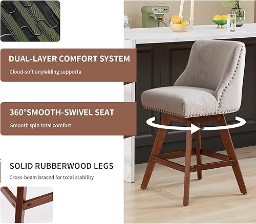 Miniatura 5 de Juego de 2 taburetes de bar giratorios de altura de mostrador, modernos taburetes de bar para isla de cocina, taburetes de bar beige con respaldo,