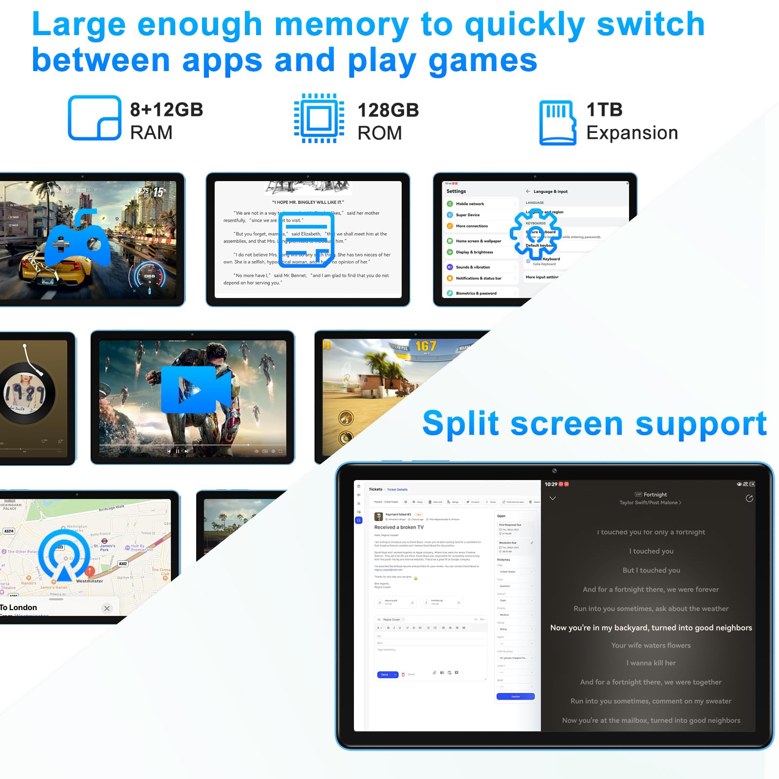Tablet 11 Pollici Android 14 con Widevine L1, 8000 mAh+Ricarica Rapida 18 W, 5MP+13MP, 20 GB RAM+128 GB ROM (Espandibile Fino a 1 TB), 5G Wi-Fi, GPS, Octa-Core 2.0 GHz, 1280*800, Face ID, USB-C, Blu