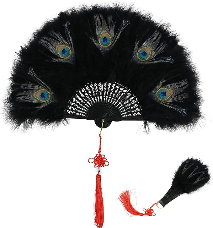 Ventaglio Giapponese Elegante Ventaglio Pieghevole In Velluto Pieno Ventaglio Di Piume Bianche Colorate Ventaglio Cinese A Mano Fata Ragazza Danza Decorazione Della Festa Nuziale Ventaglio Da Borsetta - Foto 8