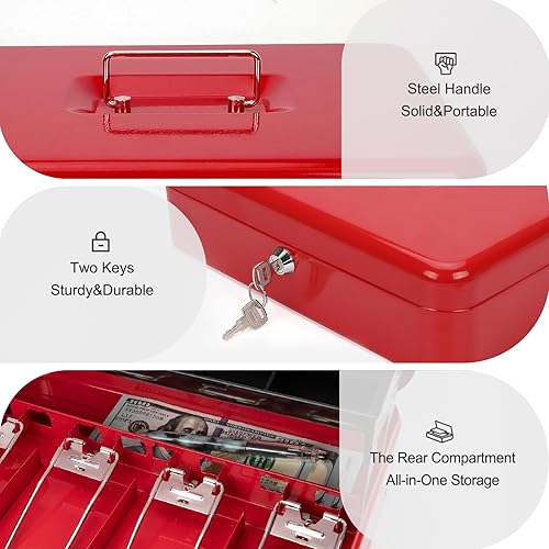Miniatura 4 de Jssmst Caja de Efectivo con Bandeja de Dinero y Cerradura - Caja de Efectivo Roja con Cerradura de Llave, Caja de Dinero Segura Grande, Cajón de