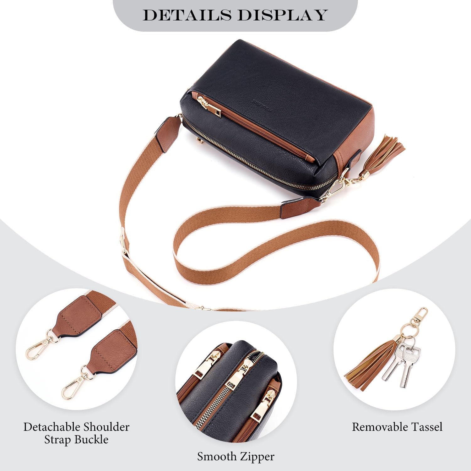 Roulens Triple Zip Small Crossbody Bag for women,Wide Strap Cell Phone Purse Shoulder Handbag Wallet with Credit Card Slots | Triple Zip, Small, Wide Strap - Image 6