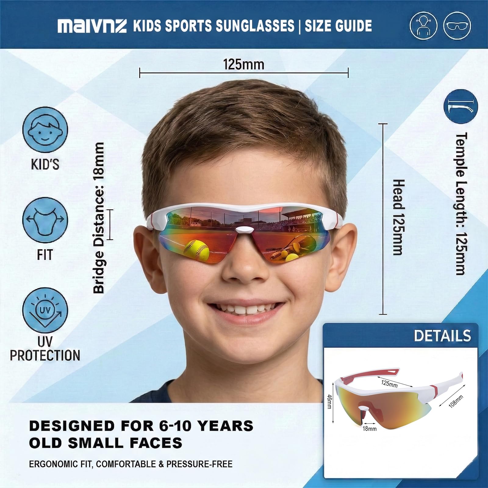 maivnz Dziecięce okulary baseballowe, młodzieżowe okulary do softballu