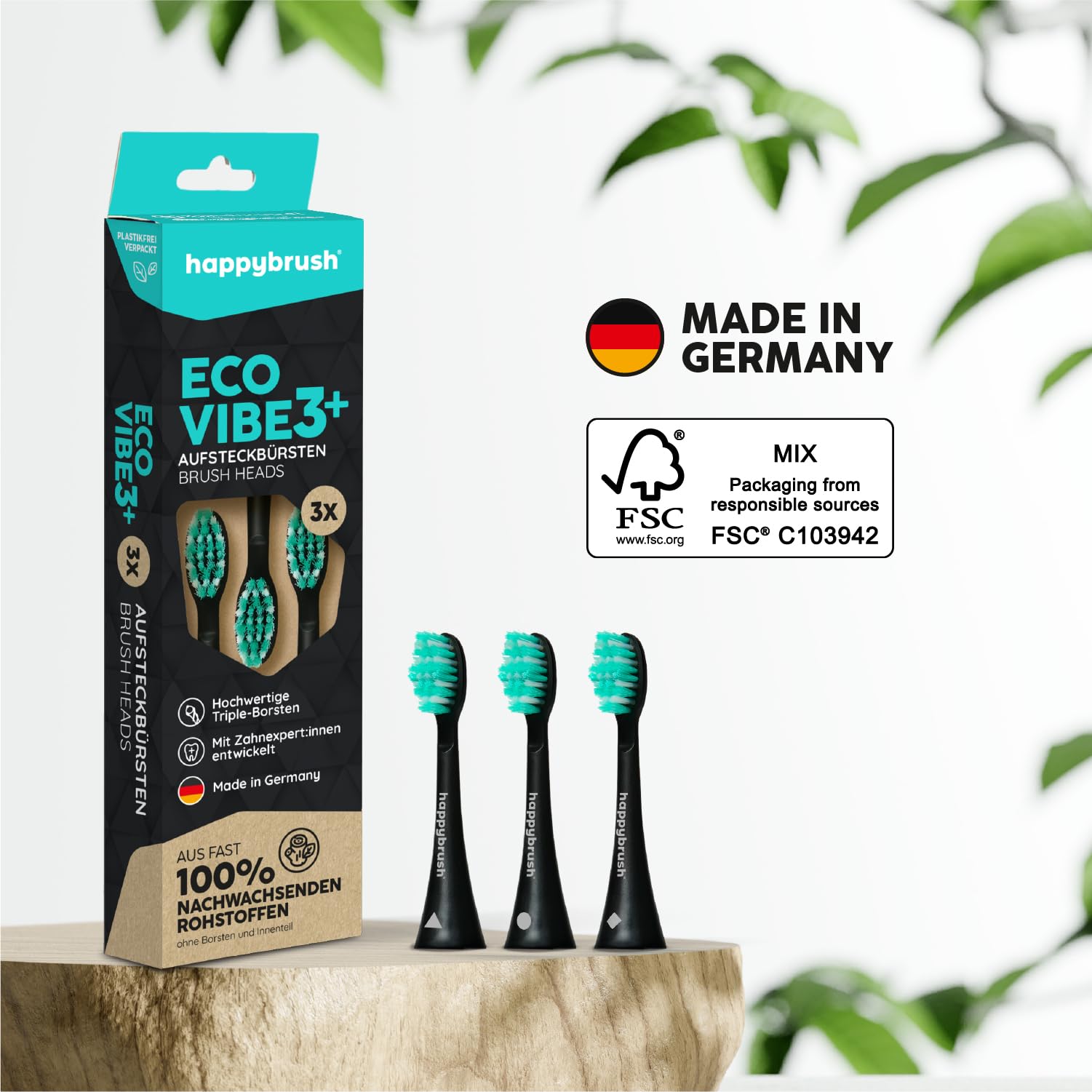 happybrush® Nachhaltige Aufsteckbürsten für elektrische Schall-Zahnbürste Eco VIBE 3 - Schwarz/Mint - 9 Stück