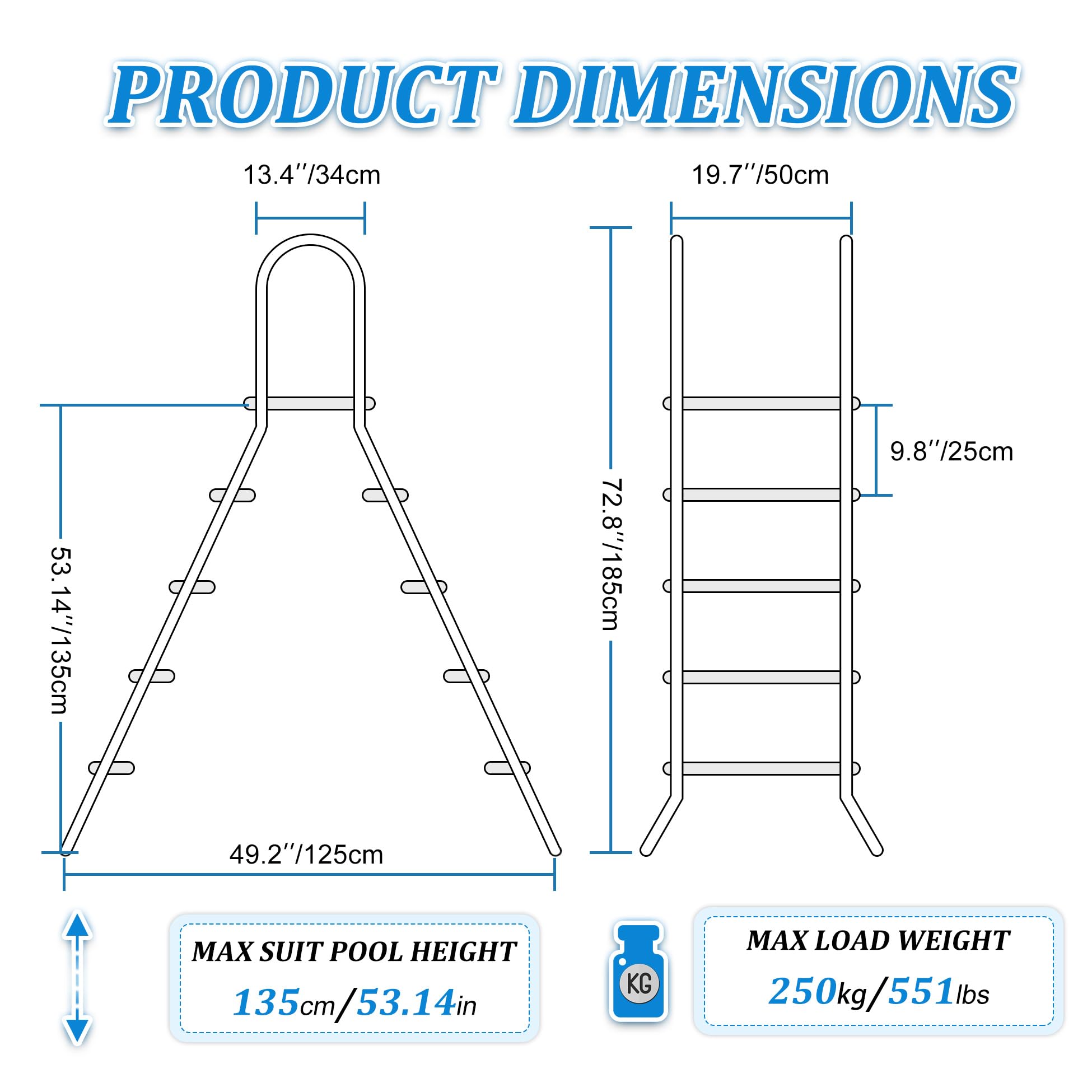 Scala a 4 Gradini per Piscina Fuori Terra, Robusta Scala in Acciaio Inossidabile con Doppio Corrimano di Sicurezza, Gradini Antiscivolo, Portata 250 kg, per Piscina da 135 Cm