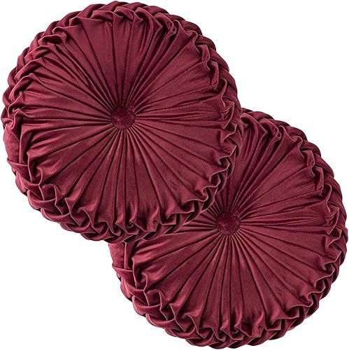 Miniatura 28 de Almohada Decorativa Redonda de Terciopelo para Decoración del Hogar Cojín Redondo Plisado para Sofá Silla Cama Automóvil (Albaricoque)