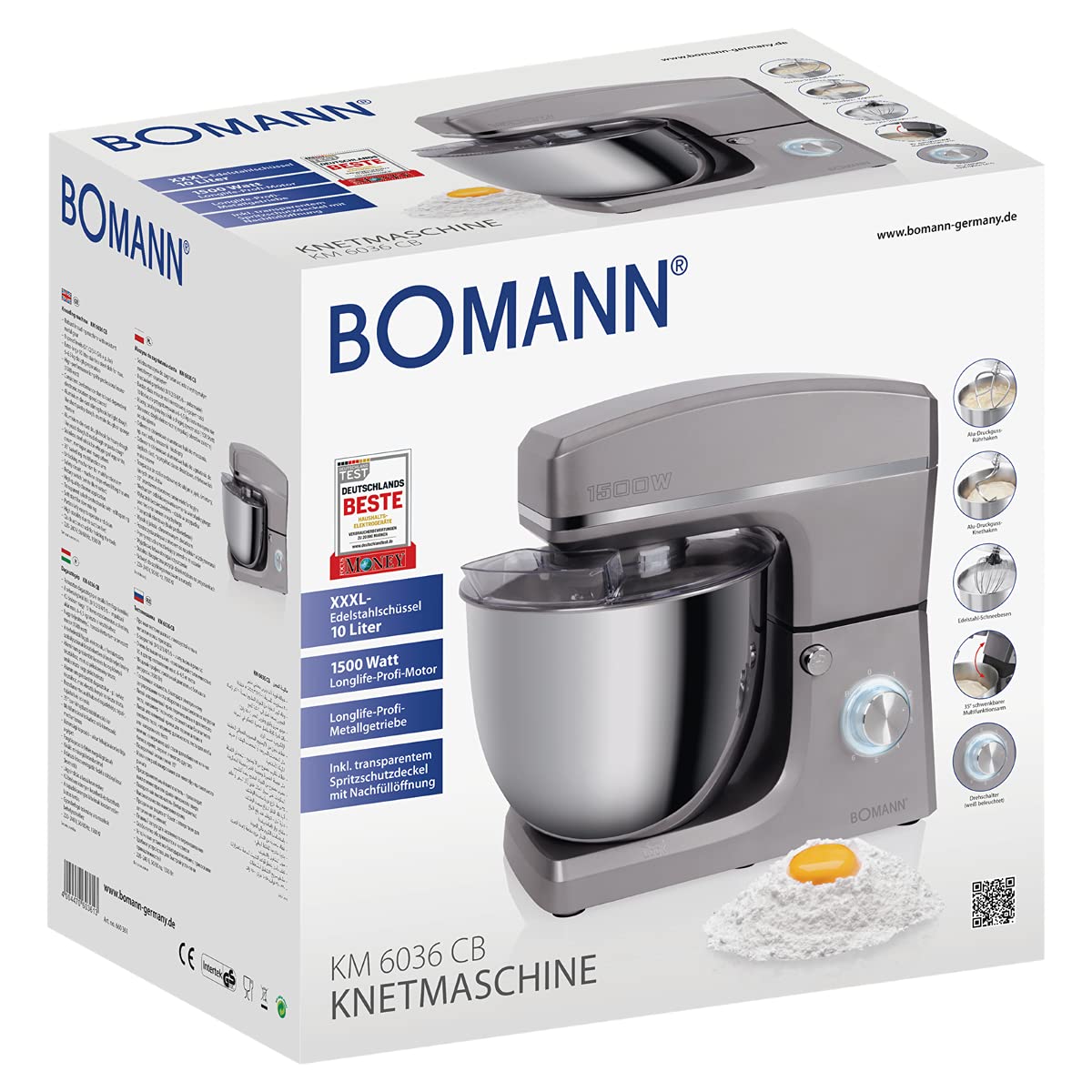 Bomann KM 660361 CB Impastatrice 1500 W, 8 velocità, ciotola in acciaio inox da 10 litri, portata max. 6-6,5 kg, coperchio paraspruzzi con apertura di ricarica, titanio