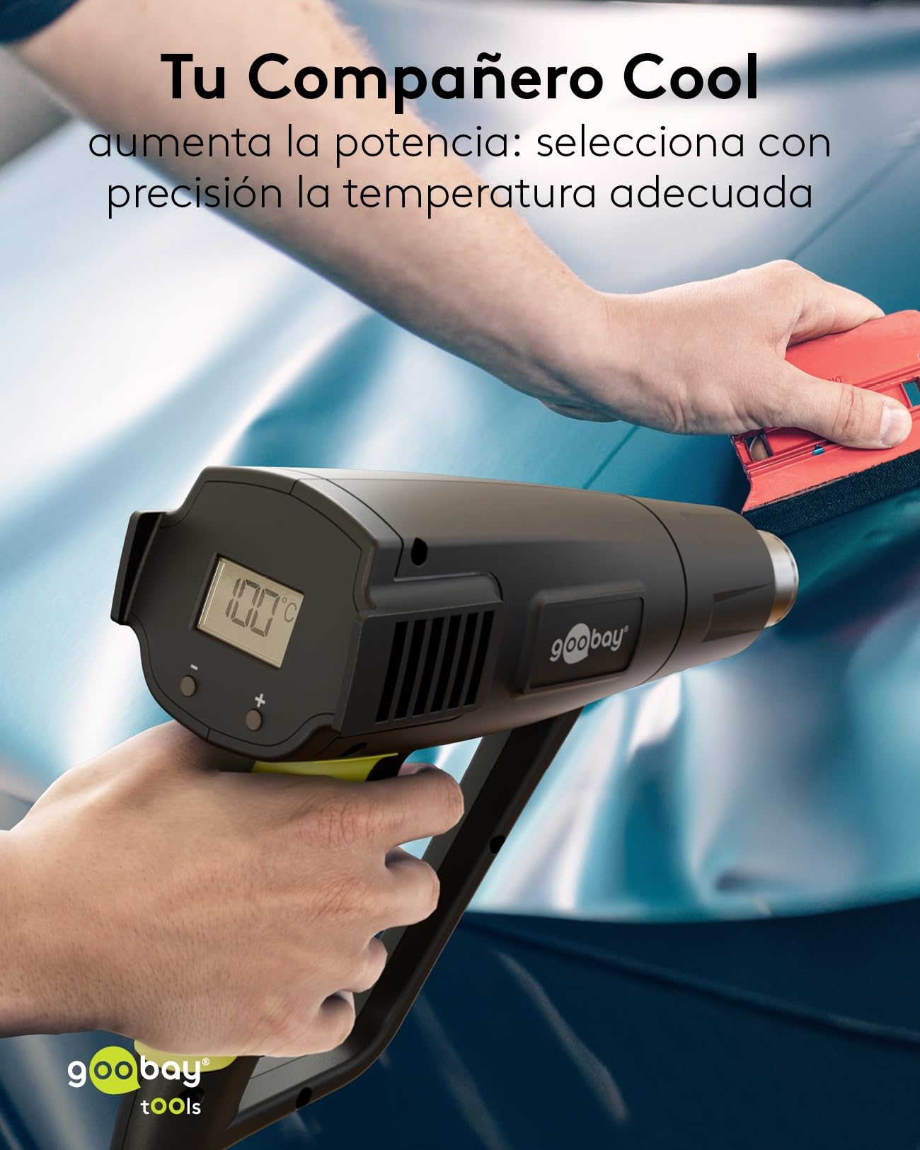 goobay Pistola de aire caliente 1500 W con pantalla LCD, control de temperatura ajustable (100–650 °C), 450 l/min, incluye 4 boquillas, ideal para bricolaje y reparaciones, 77823