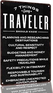 7 Things Every Traveler Should Know 8 x 12 Inch Aluminum Wall Decor | A travel-inspired accent for studies, offices, entryways, and map-themed rooms; a gift for travelers and explorers.