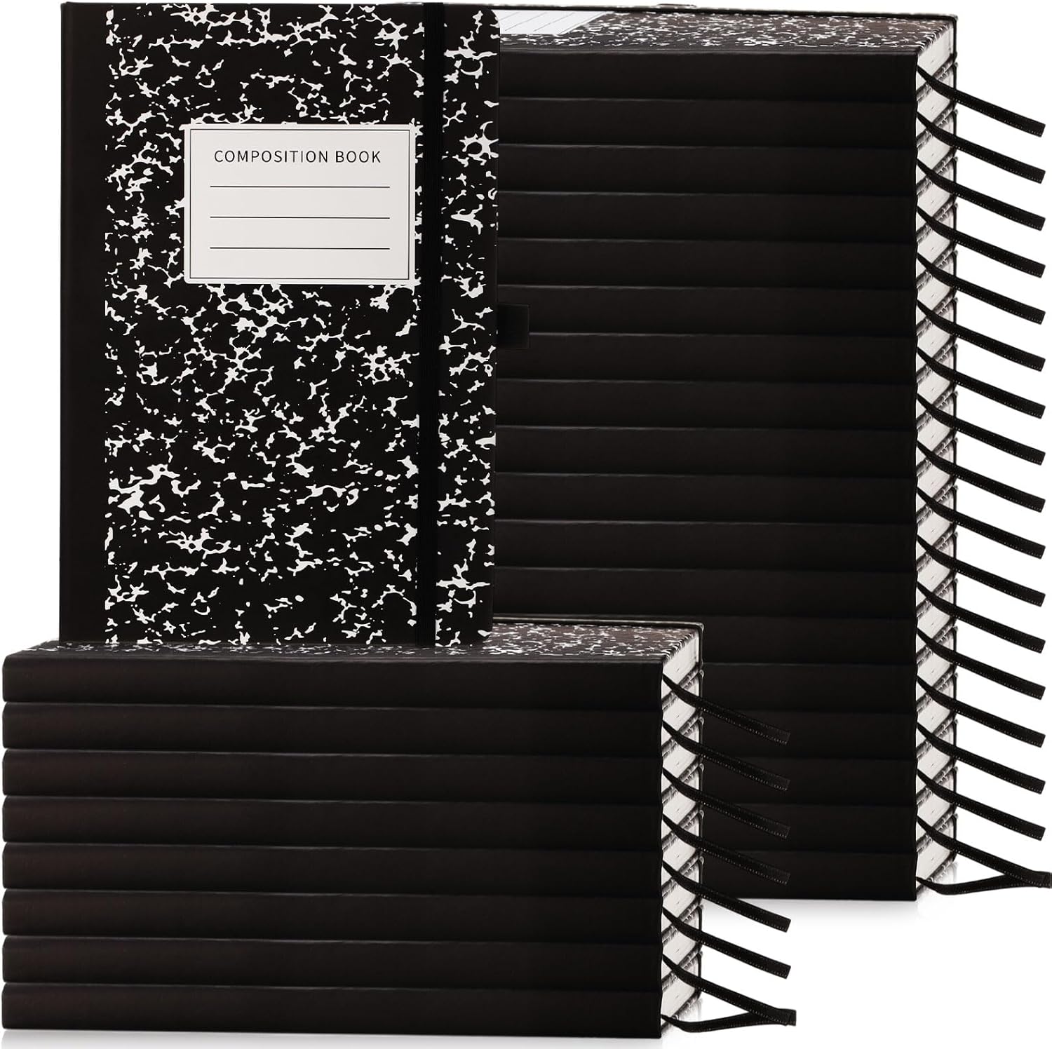 Laumoi 28 Pack PU Leather Composition Notebooks A5 Wide Ruled Notebook Journal Hardcover Marble Journal Composition Book with Pen Holder for School Business, 5.5 x 8.2 in(Black)