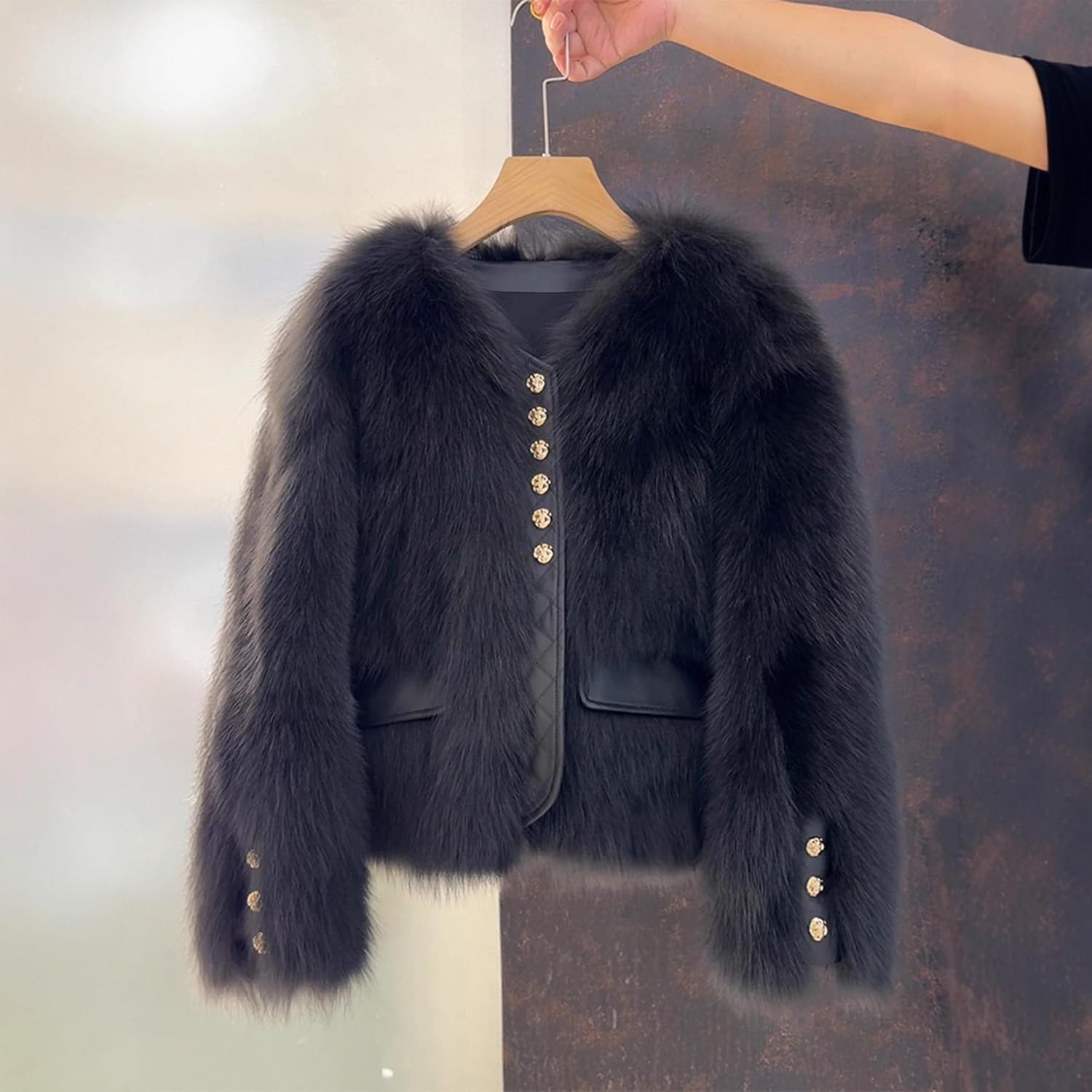 Faux Fur Jacket for Women Fluffy Faux Fur Jacket Cropped Long Sleeve V Neck Button Down Fuzzy Winter Coat Cute Warm Outerwear
