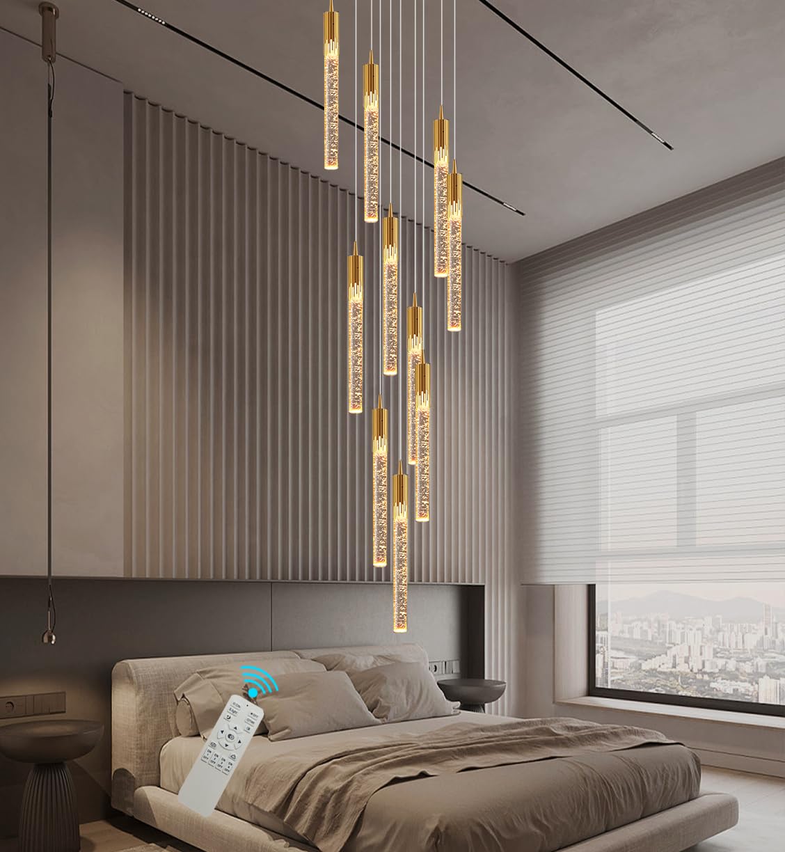SYAXVOM 10ft Adjustable Gold Metal Crystal Bubble Pendant Chandelier - 10 Lights Dimmable Lighting for High Ceilings Staircases & Entrances 2700K-6000K