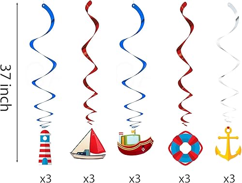 Miniatura 4 de Decoraciones náuticas de remolino colgante de 30 unidades, serpentinas de techo de cumpleaños de Ahoy Boy, tema de baby shower, suministros de