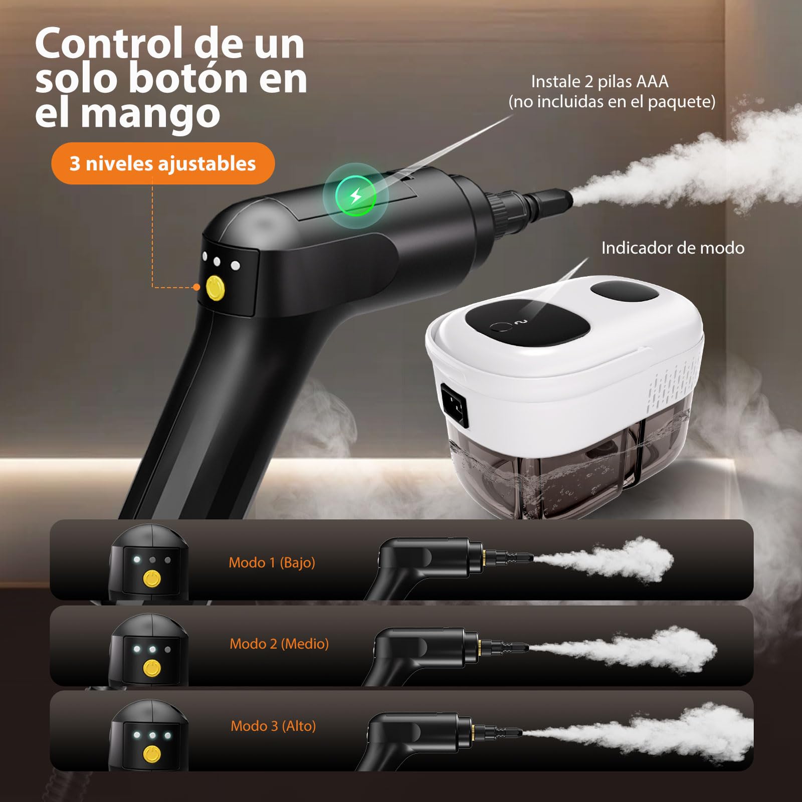 Vaporeta Limpieza Hogar, Calentamiento en 15 s, 3 Niveles Ajustables, Vaporeta de Mano con Depósito de 1,4 L, Limpiador a Vapor Potente para Coches, Suelos, Hogar, Cocina y Ventanas
