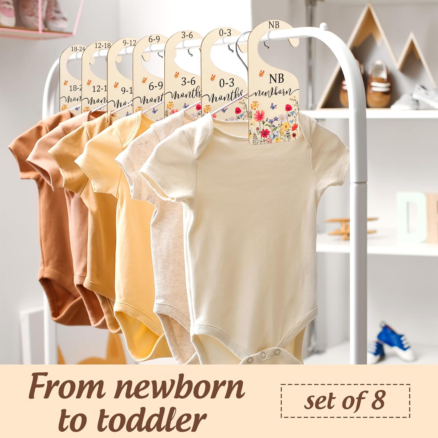 AnyDesign 8 Pcs Wildflower Wood Baby Closet Dividers Newborn to 24 Months Baby Wardrobe Organizer Spring Vintage Floral Hanging Closet Organizer for Home Nursery Birthday Decor