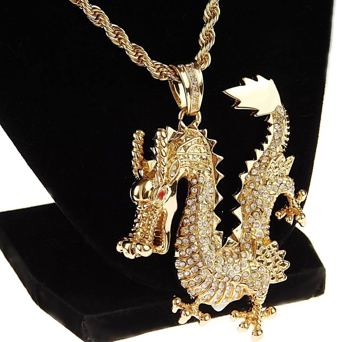 Mens Dragon Iced Pendant Rope Chain Bling Charm Gold Finish Hip Hop Necklace 30" Inch x 4 mm