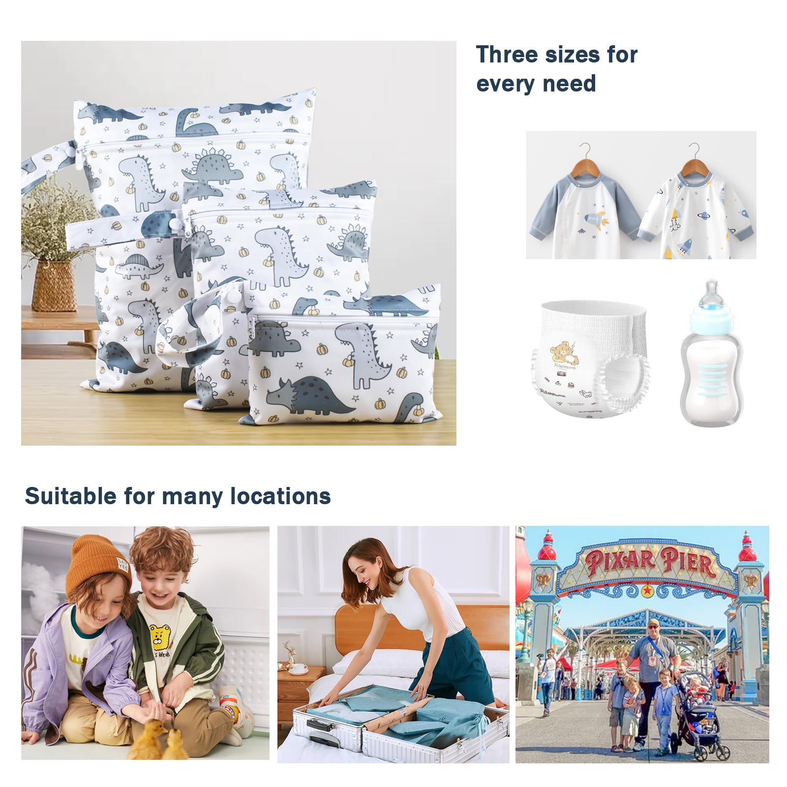 3 Pièces Motifs de Dinosaures Sacs à Couches Lavables, Sac Étanche Couche, Sac a Couches Bebe, Réutilisable Pochette Humide et Sèche à Fermeture Éclair pour la Natation Camping Voyage Plage