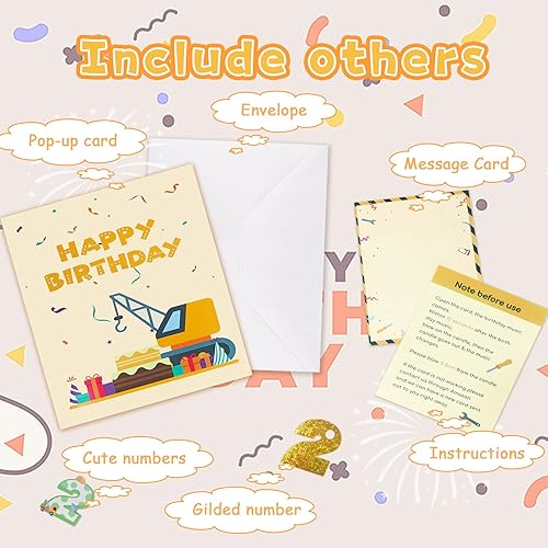 Miniatura 5 de Tarjeta de felicitación 3D de segundo cumpleaños con luz y música, tarjeta de camión grúa para niño, sobrino, nieto, hijo, niño pequeño, con sobre,