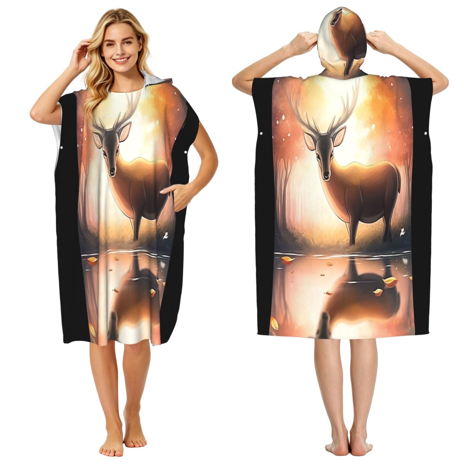 KLGRTJHK Deer In The Forest Adult Hooded Beach Poncho Towel 43"X35"