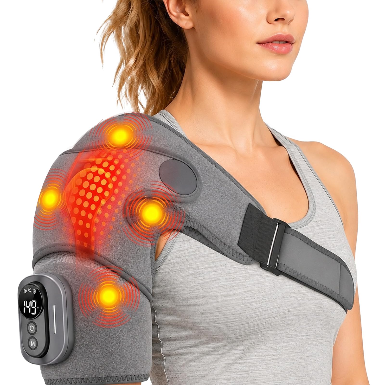Masajeador de hombros y almohadilla térmica de hombro con masaje, dispositivo de masaje de hombros con calor, con 5 niveles de calentamiento y 5 modos de vibración, batería de 5000 mAh para un