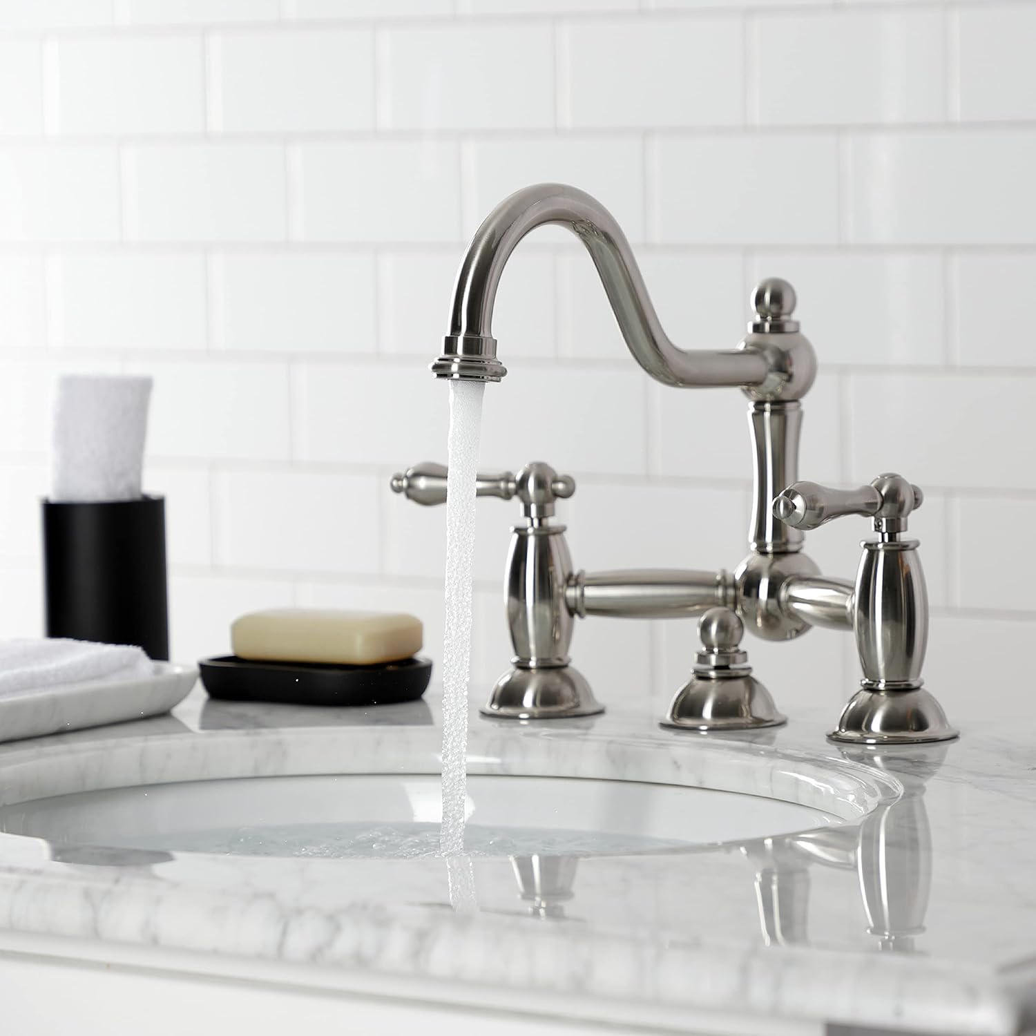 Kingston Brass KS3918AL Restoration Bathroom Bridge Faucet, Brushed Nickel
