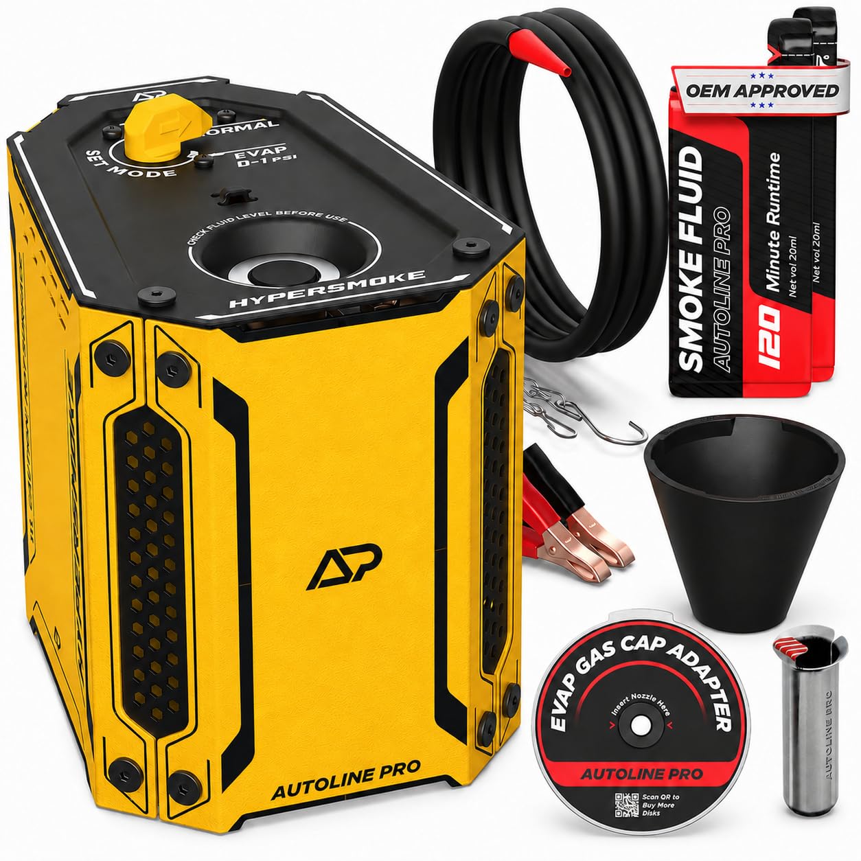 AutoLine Pro HyperSmoke™ Automotive Smoke Machine EVAP Vacuum Leak Tester – Adjustable Pressure – OEM Approved Smoke Fluid – Built-in Air Compressor Motor – Includes Cone and Gas Cap EVAP Adapter.
