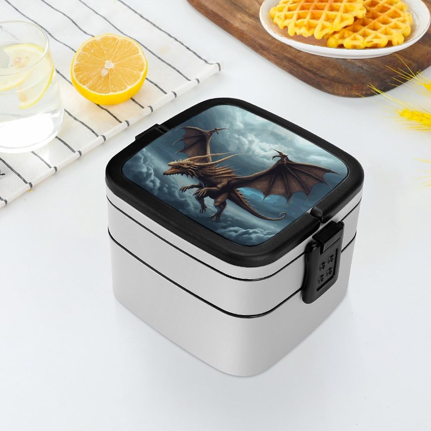 Flying Dragon Bento Box Adult Lunch Box All-in-One Lunch Containers with Removable Compartments Double Layer Bento Lunch Box with Spoon And Handle Stackable Lunchbox