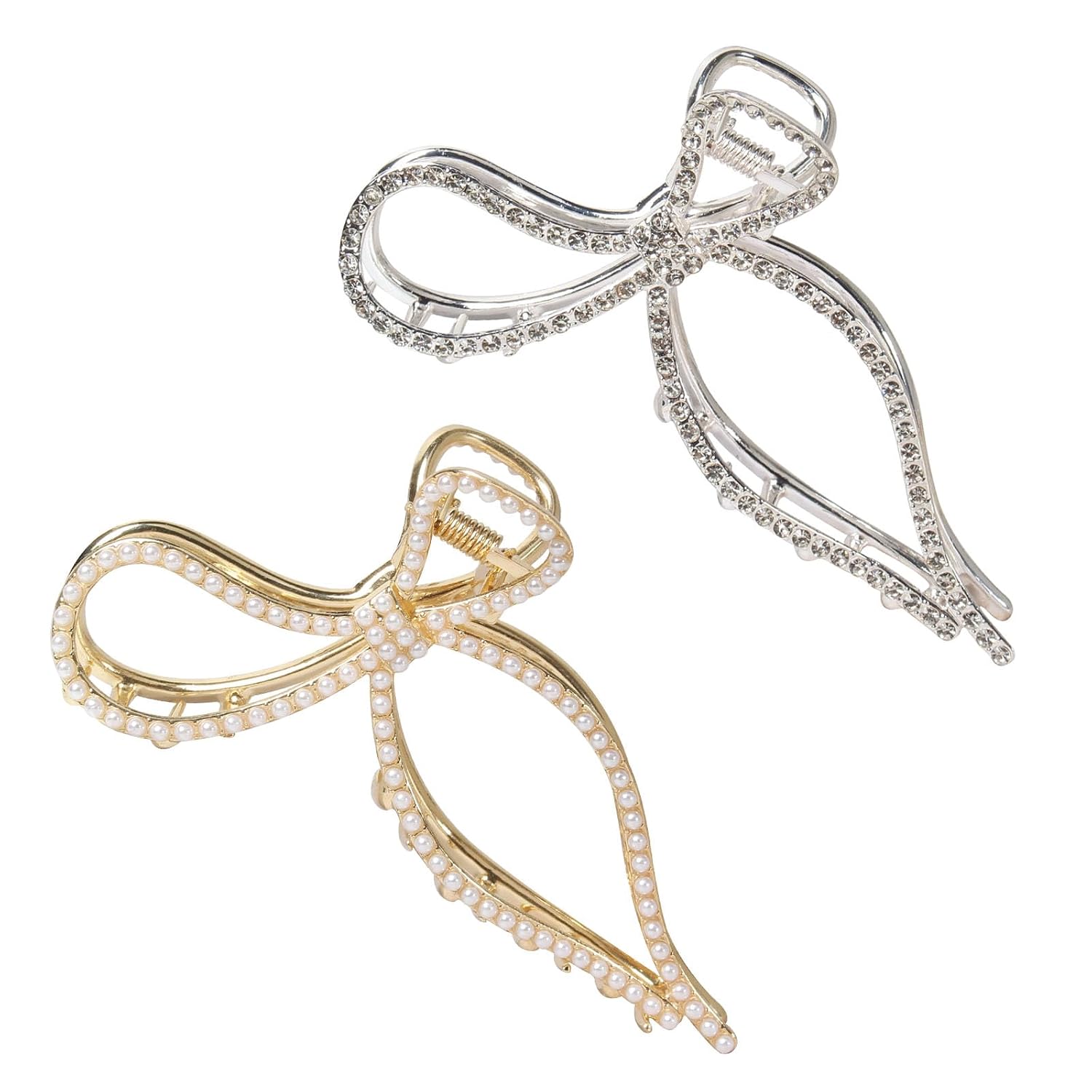 Bow Claw Clip Gold Metal Hair Clips Stylish Medium Hair Jaw Clamps | Pearl Bow Claw Clip;Non-Slip,Rhinestone Hair Clips;Stylish Hair Accessories for Women Girls,Suitable for Medium to Long Hair