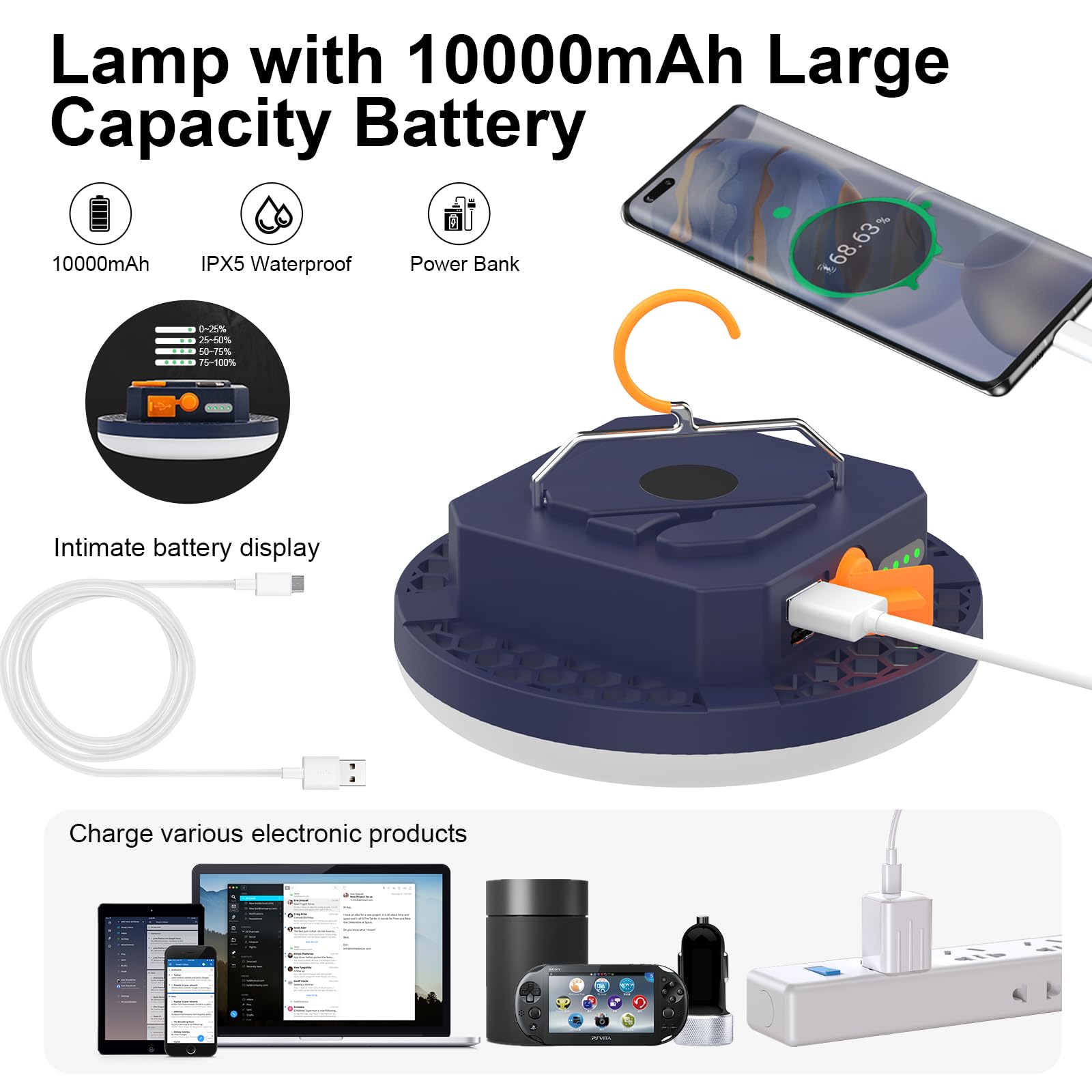Lampe Camping Rechargeable 10000 mAh, Luminosité Réglable (30W Remote)
