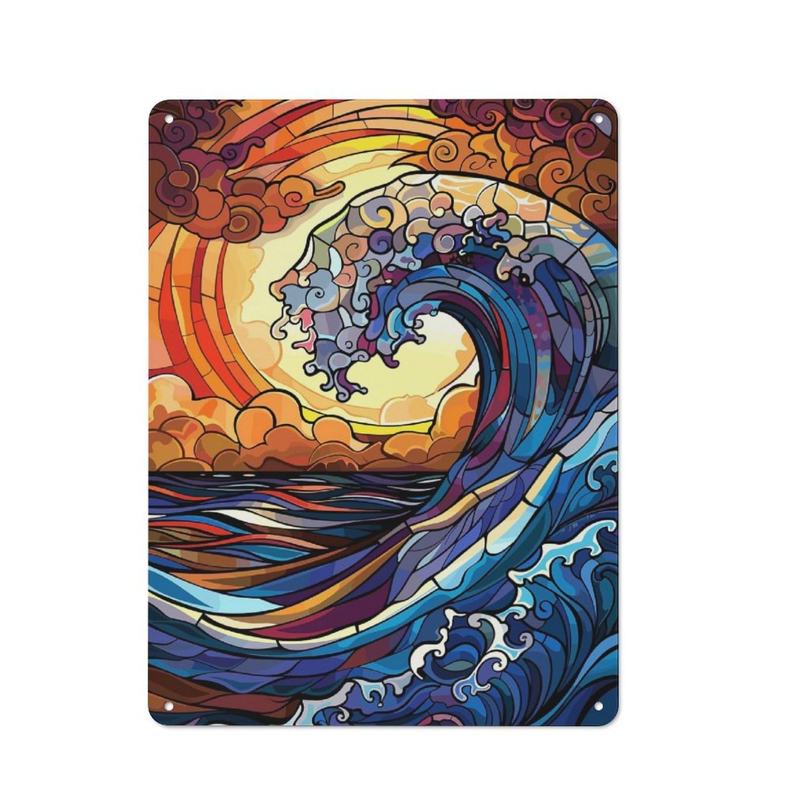 Stained Glass Ocean Wave Vintage Metal Wall Decor 40x30cm, Vintage Tin Sign for Bakery, Diner, Cafe Or Family Room