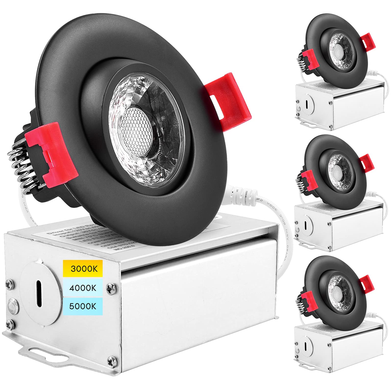 Luxrite 4 Pack 3 Inch Adjustable LED Gimbal Recessed Lighting with J-Box, 3 Color Options 3000K | 40