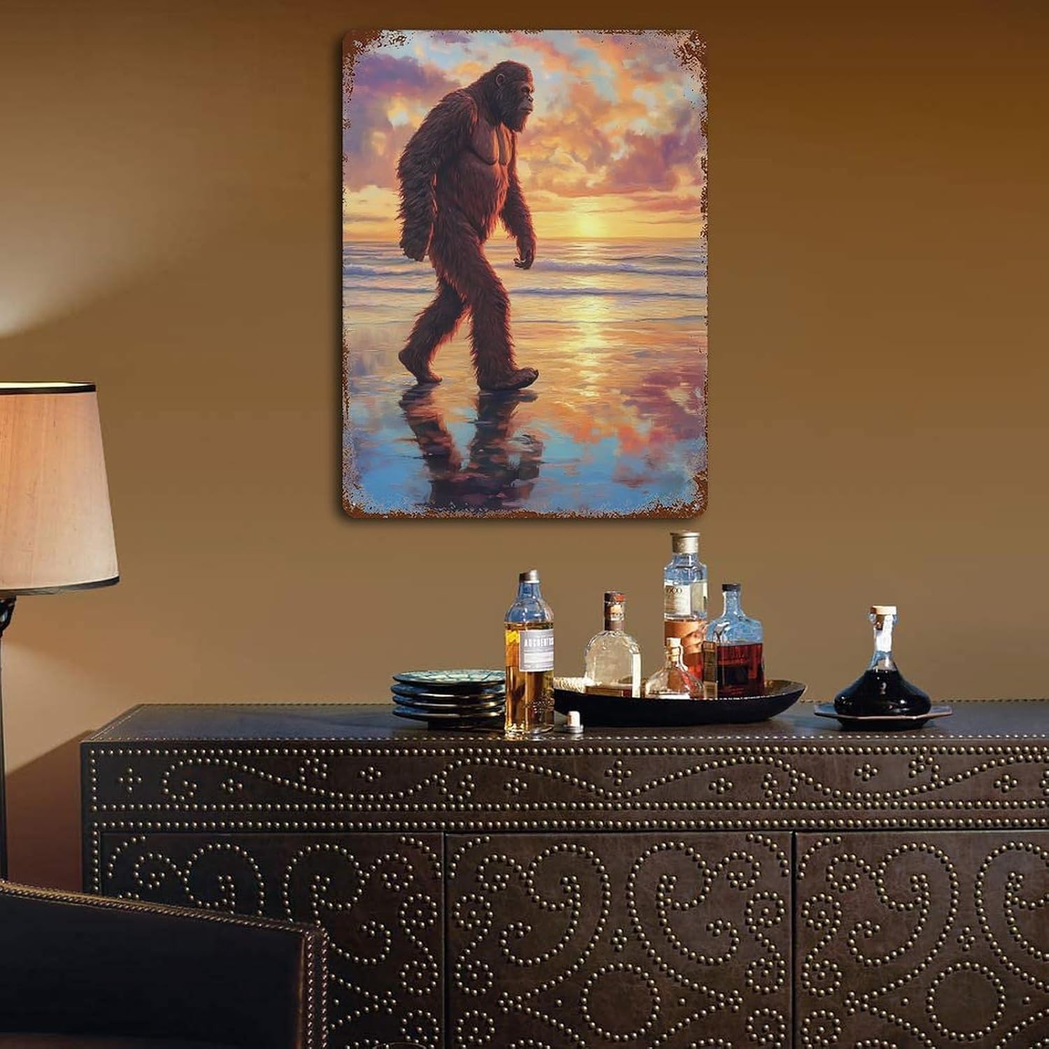 Bigfoot Walking in Beach Sunset Metal Signs Vintage Iron Tin Hanging Plate Wall Art with Rusted for Home Kitchen Garden Decor