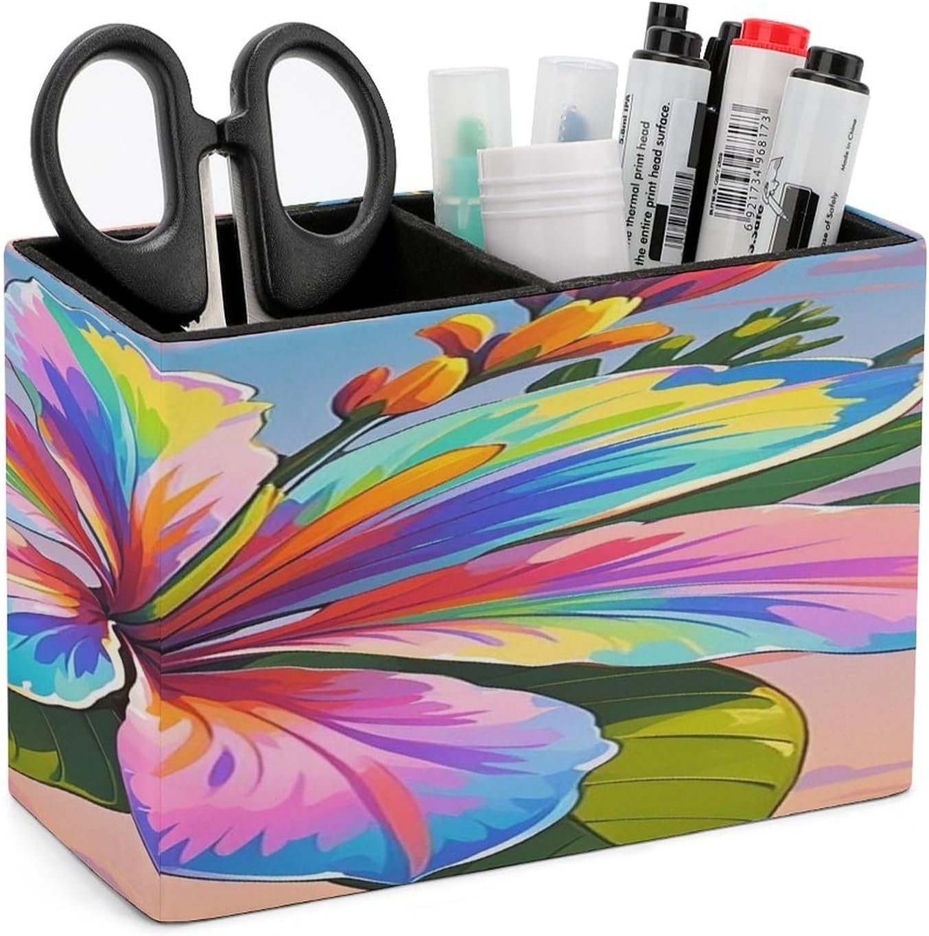 Eye-catching Hawaiian Flowers Leather Pen Holder with 2 Compartments Luxury Pencil Holder Minimalist Pencil Cup Brush Scissor Holders Elegant Pen Cup for Office Home Desk Accessories