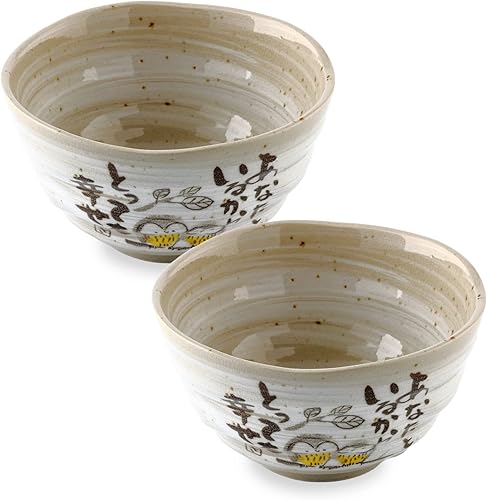 MIno Yaki (Ware) - Cuencos de arroz japoneses hechos a mano, diseño de búho, juego de 2, 4.5 pulgadas, cuencos de cereales, cuencos de cerámica para