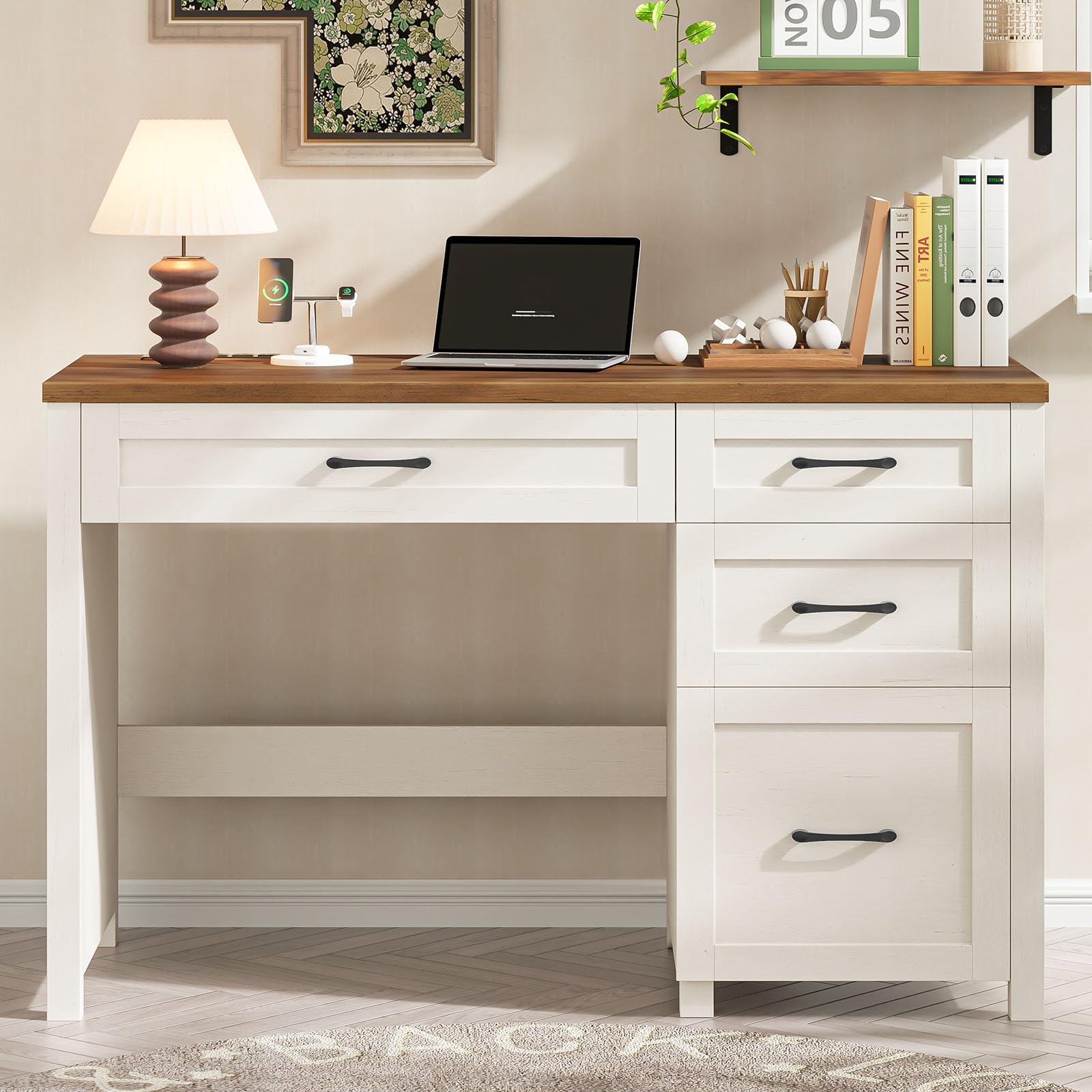 Vabches Farmhouse 47" Executive Desk, Computer Desk with File Drawer and Charging Station, Workstation for Home Office, Study,(Unique White).