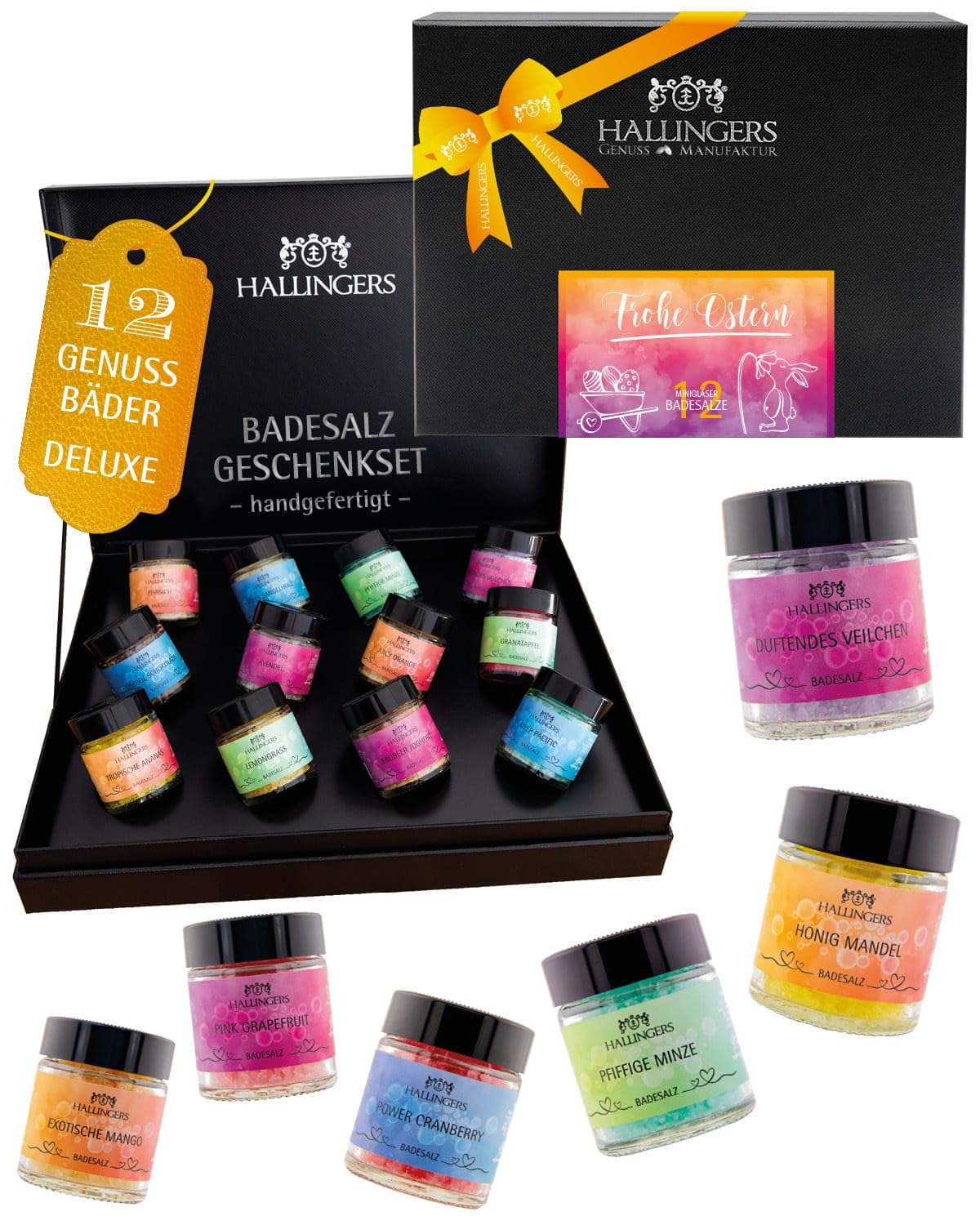 Hallingers Genuss Manufaktur Badesalze Oster-Geschenk-Set - 12x Badezusatz mit Totes Meer Badesalz edle Geschenkbox, Badekristalle Fußbad & Spa "Frohe Ostern - ...", Ostern Körbchen für Frauen Mädchen