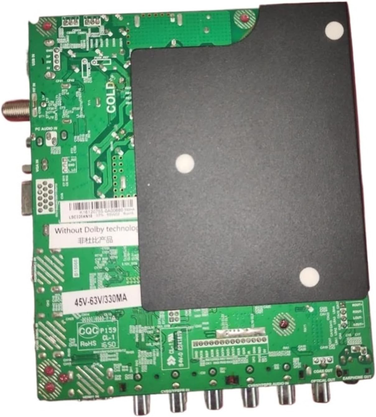 Back view of the Xqscvqwfa TP.MS3393.PB801 TV Motherboard with specifications label