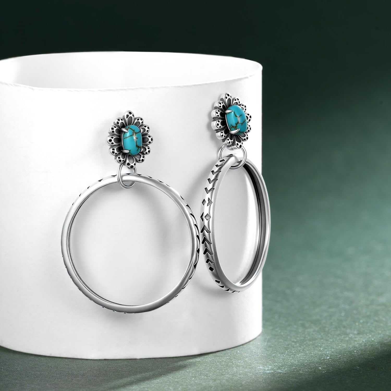 Boho Genuine Natural Turquoise Hoop Earrings for Women 925 Sterling Silver Vintage Dangle Earrings with Oxidized Finish Western Chic Jewelry Gift