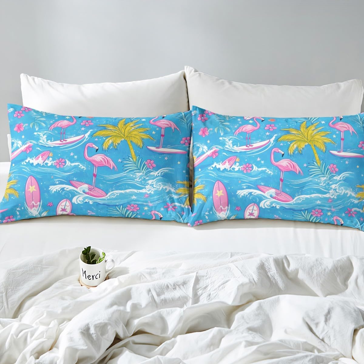 Cartoon Flamingo Duvet Cover Set Toddler Size,Surfboards Surfing Sports Cute Animal Bedding Set,Boys Girls Room Decor,Hawaii Summer Ocean Comforter Cover,Pink Blue Quilt Cover,1 Pillowcase(No Filler)
