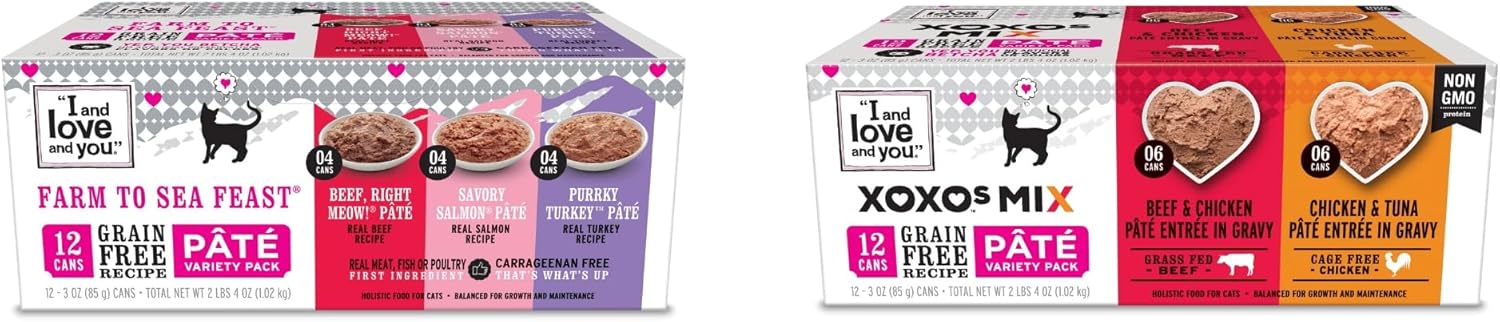 I AND LOVE AND YOU Wet Cat Bundle with Naked Essential Farm to Sea Variety Pack + XOXOs Chicken and Beef Variety Pack
