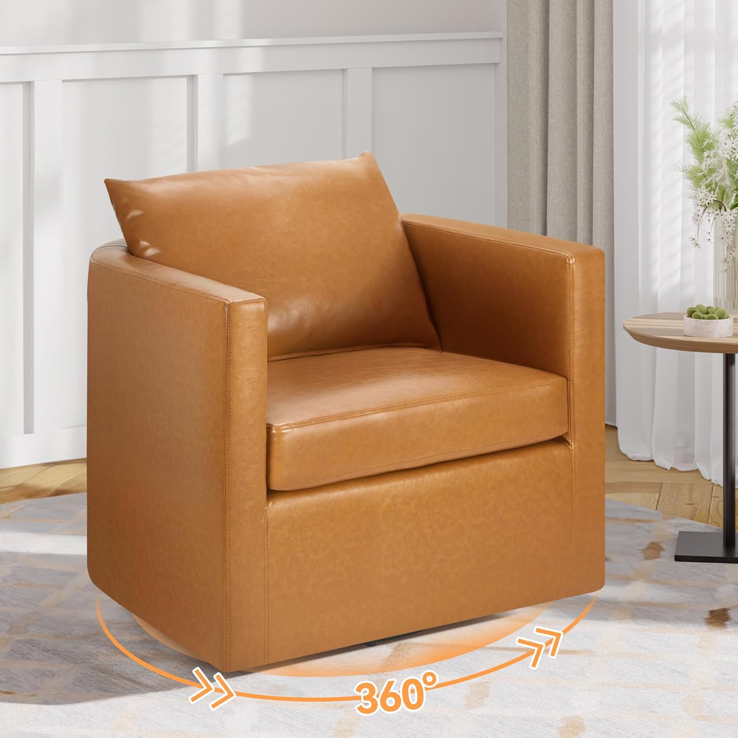 PU Leather Swivel Accent Chairs, Upholstered Mid Century Barrel Armchair for Living Room, Bedroom
