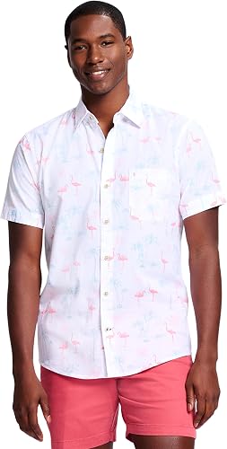 IZOD Men's Saltwater Dockside Chambray Short Sleeve Button Down Shirt, Bright Wh