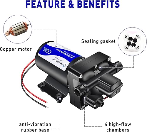 Miniatura 3 de Bomba de Aumento de Presión de Agua de 12v para RV, Bomba de Diafragma Autocebante de 4 Cámaras para Barcos 70 PSI, Bomba de Lavado por