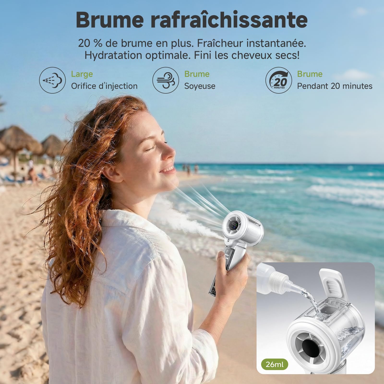 COKUNST Ventilateur Brumisateur Portable Exterieur Rechargeable USB C | Mini Climatiseur Mobile avec affichage LED, Idéal pour Camping, Bureau, Voyage