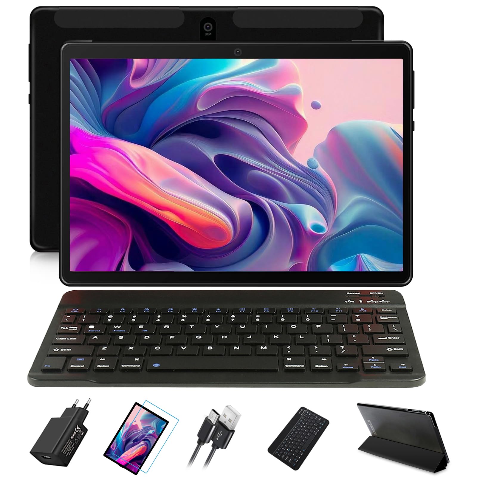 JUSYEA Octa-Core 10 Inch Android Pad Tablet 4GB RAM 64GB ROM, GMS Certified, WiFi, Bluetooth, 8000mAh Battery, Dual Camera 8+5MP, with Case, Keyboard, Black