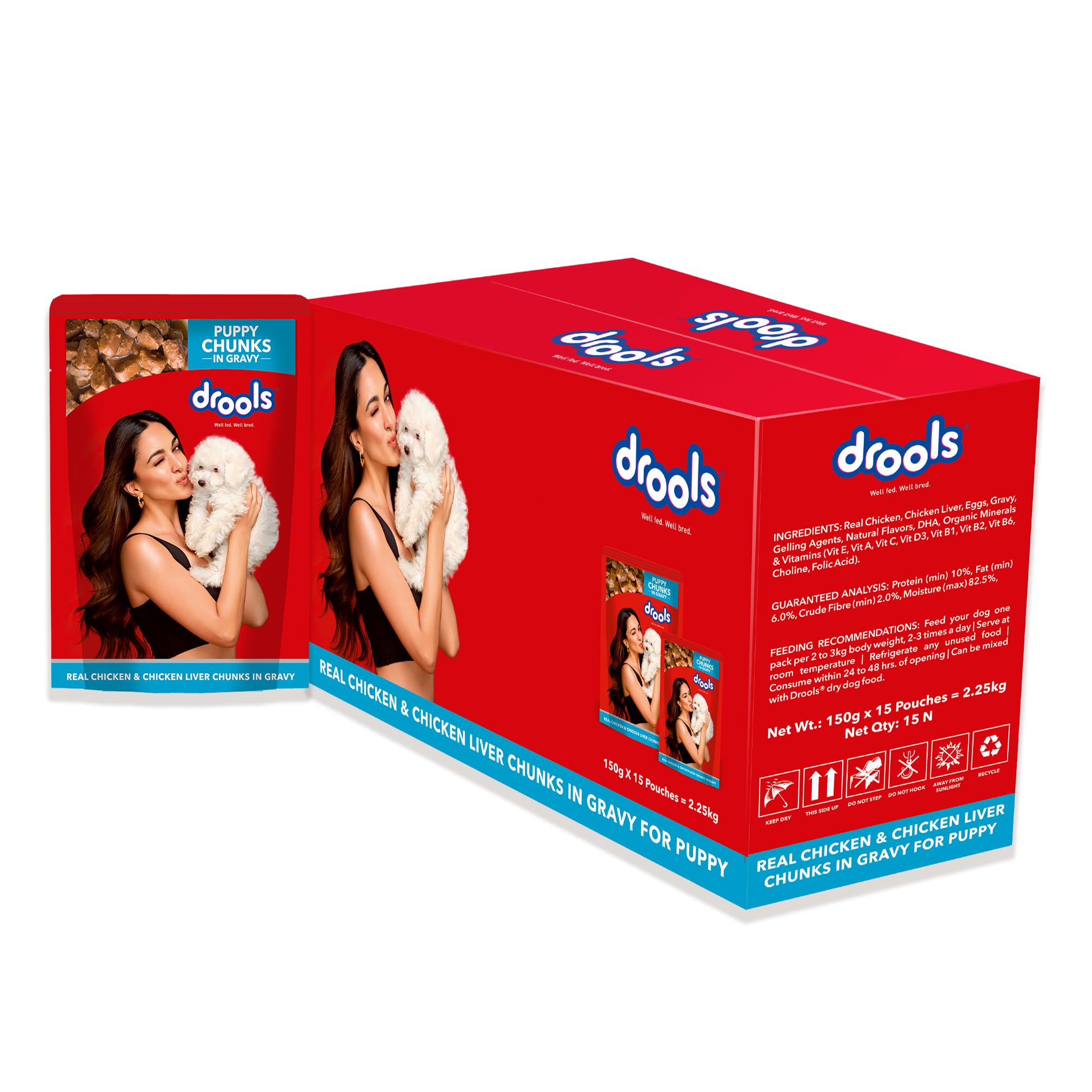 Drools Puppy Wet Dog Food ,Real Chicken and Chicken Liver Chunks in Gravy 2.25 kg (150g X 15)Pack of 15
