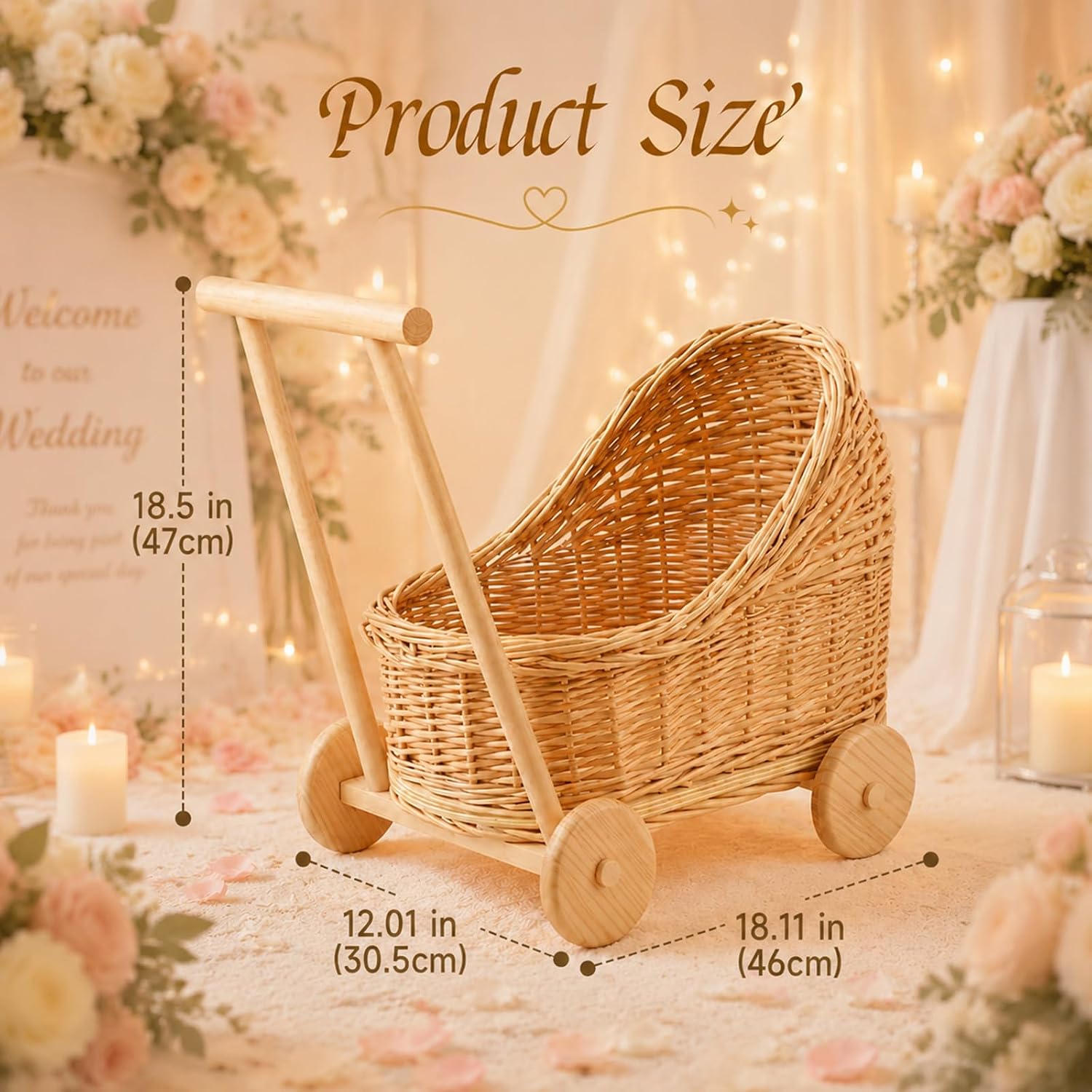 Wicker Baby Carriage 18.11"L x 12.01"D x 18.5"H Flower Basket Cart with Wheels Natural Woven Rattan Floral Display Stroller Style for Wedding Baby Shower Bridal Party Garden Home Decor Photo Props image 2