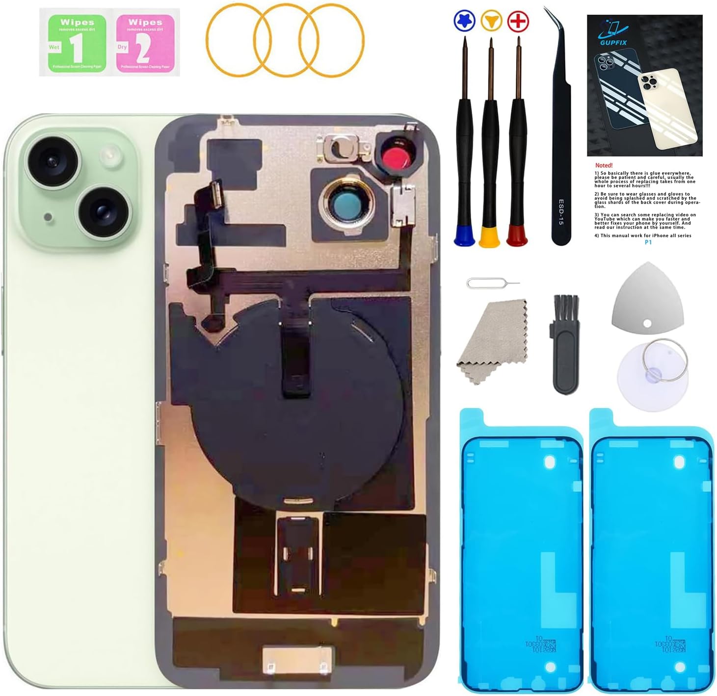 Back Glass Replacement for iPhone 15 with Repir Tools, Big Hole Rear Back Cover Glass Replacement All Carriers with Pre-Installed Adhesive and Repairing Tool Kits