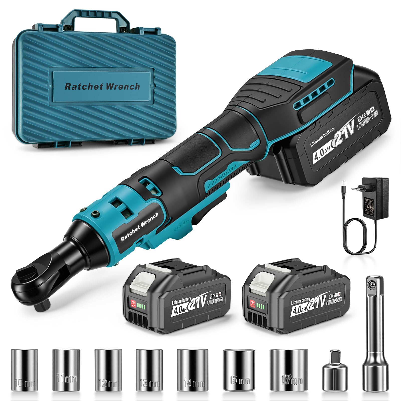 Llave de Carraca para Makita 18V, 3/8" Llave de Trinquete Inalámbrica, 2 × 4000 mAh Baterías, 320 RPM, Juego de Llaves de Carraca Inalámbricas con Carga Rápida y 9 Llaves de Vaso